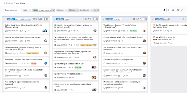 Issue board called "Team stand-up" with workflow lists but no issues